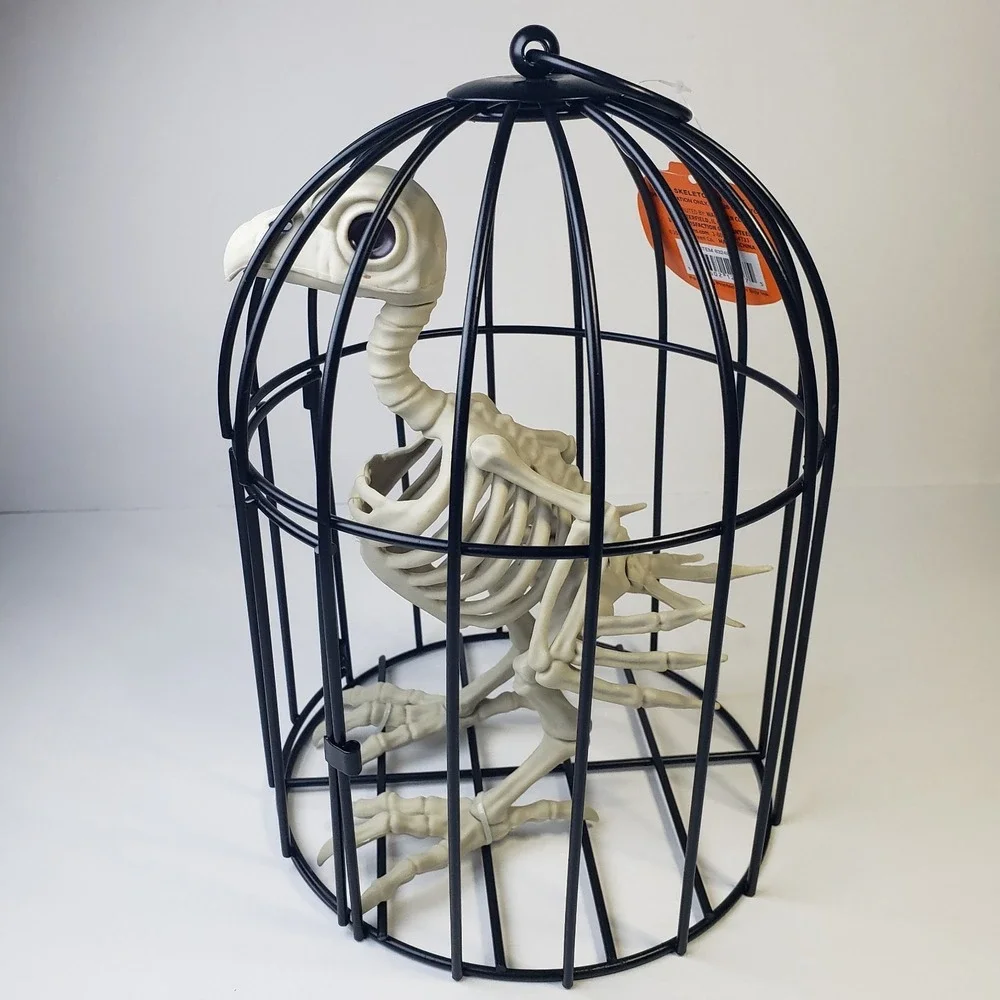 Halloween Decoration Skeleton Bird in a Cage 9 Inches Tall NWT
